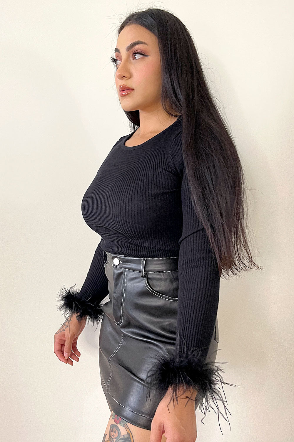 INES FEATHER TRIM SWEATER TOP