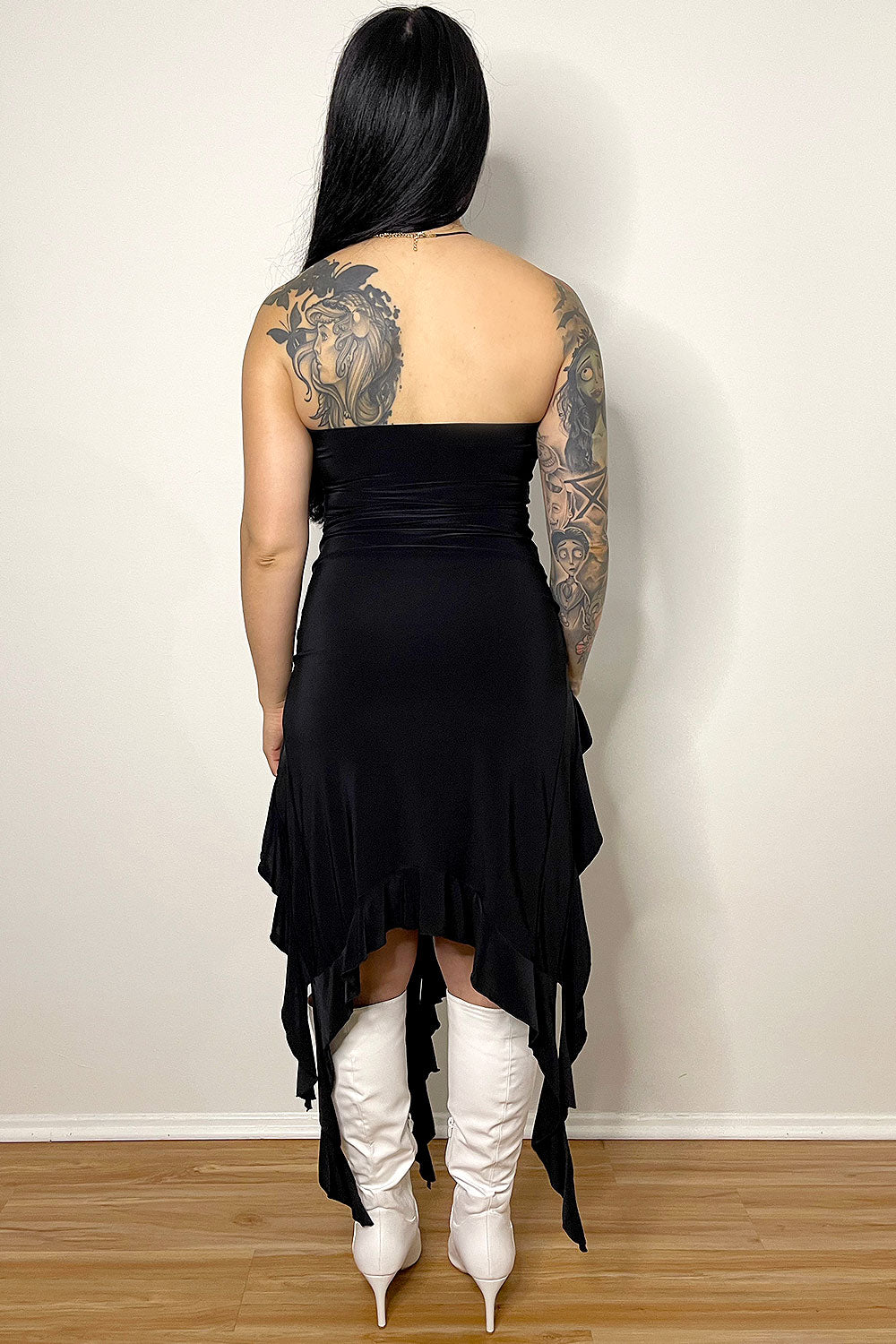 MARGARITA STRAPLESS MINI RUFFLED ASYMMETRICAL DRESS