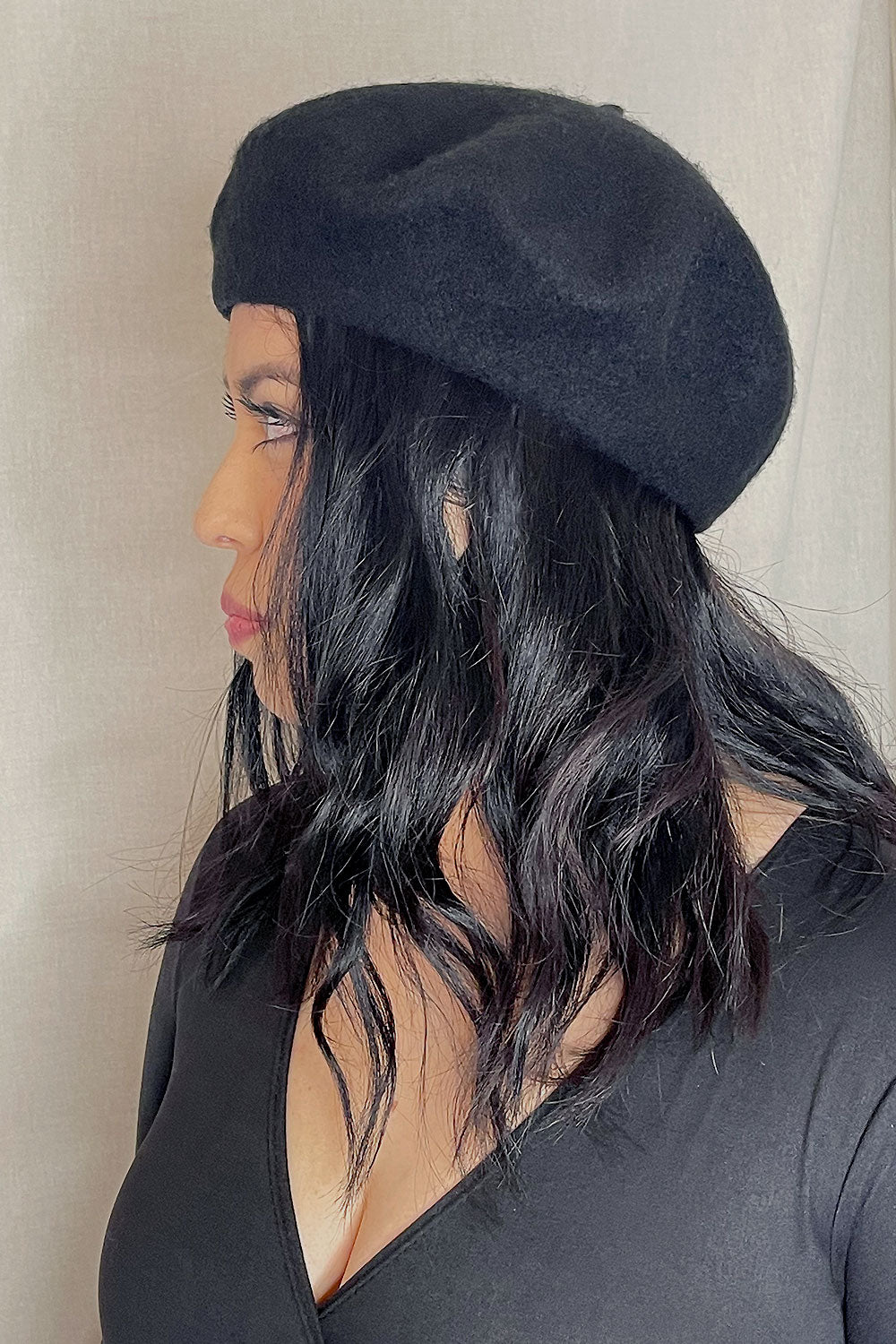 WOOL BLEND BASIC BERET - BLACK