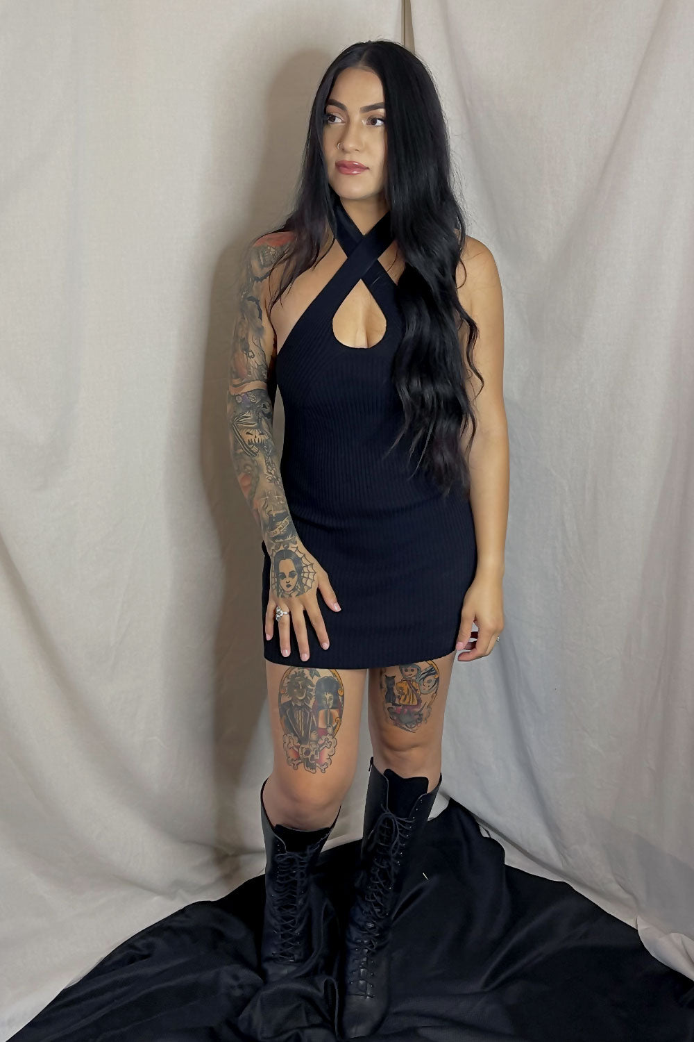 black mini criss cross dress Black Glitter Ruched Criss Cross Back Mini Dress