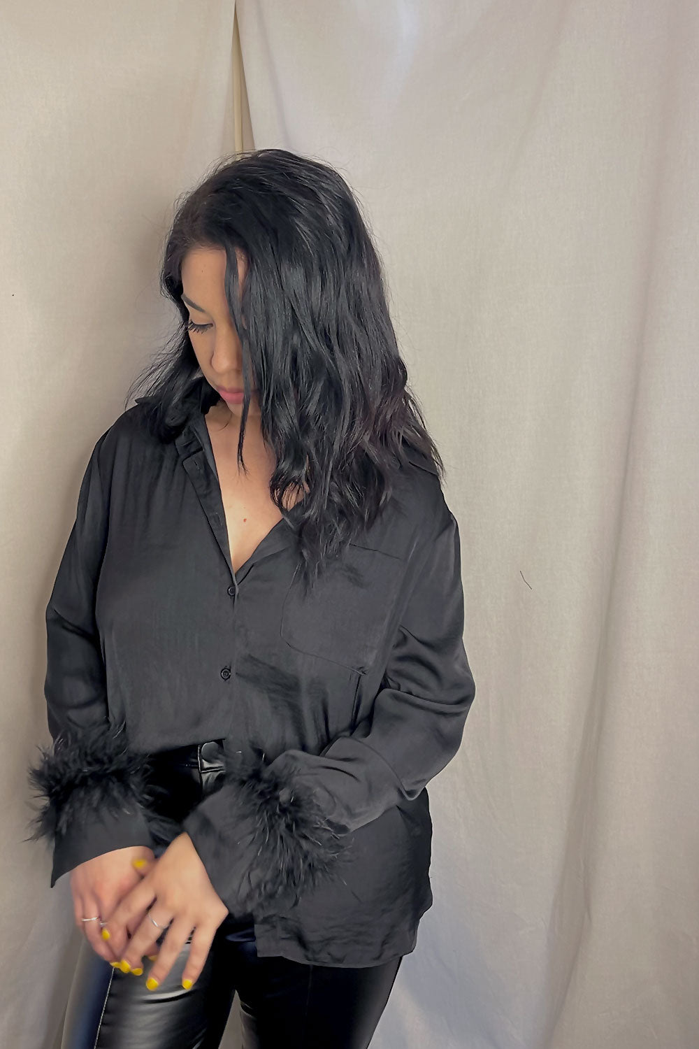 KIMBERLY FEATHER BUTTON DOWN SATIN SHIRT