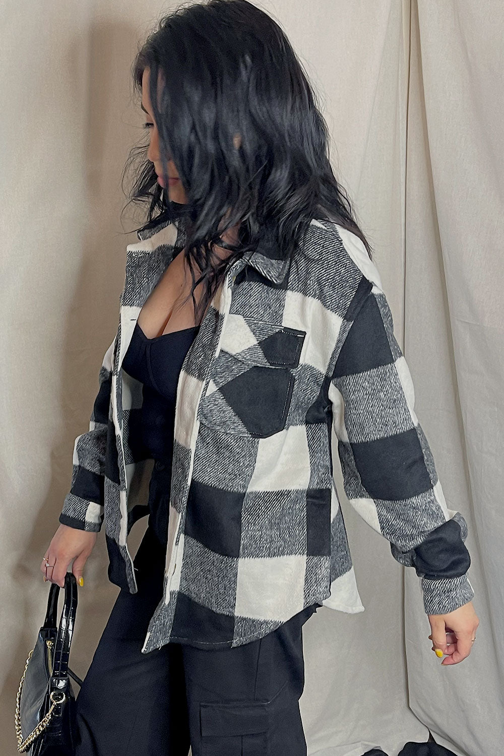 NICOLE OVERSIZED PLAID SHACKET - BLACK