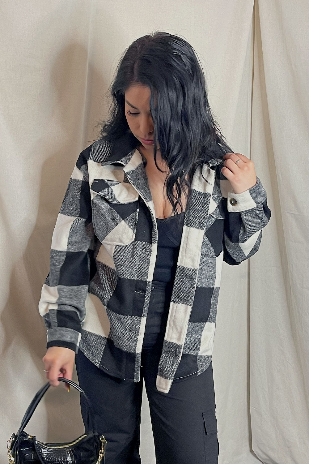 NICOLE OVERSIZED PLAID SHACKET - BLACK