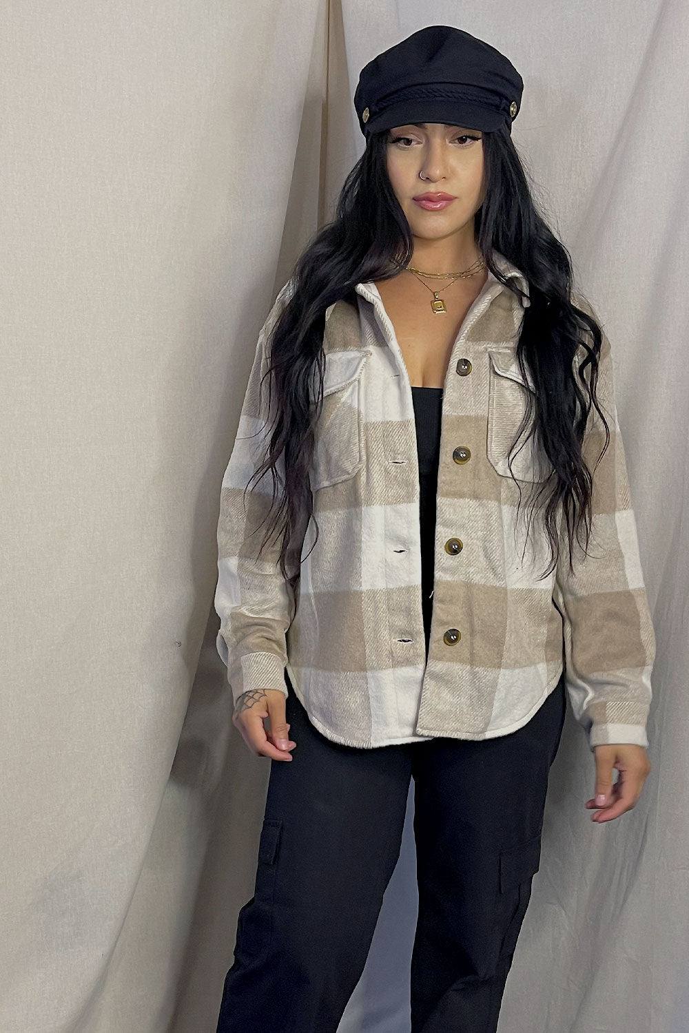 NICOLE OVERSIZED PLAID SHACKET - KHAKI