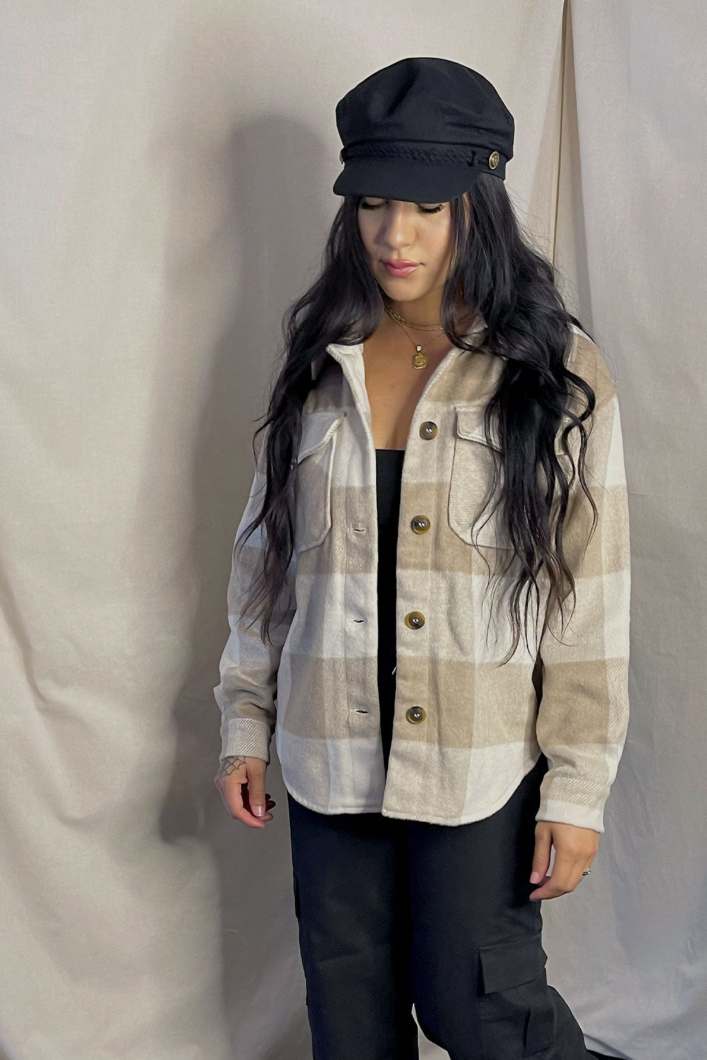 NICOLE OVERSIZED PLAID SHACKET - KHAKI