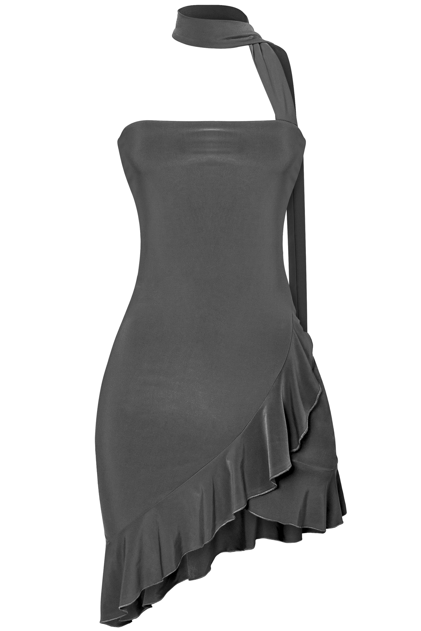 FLORA STRAPLESS NECK SASH MINI ASYMMETRICAL DRESS – BLACK + MOON