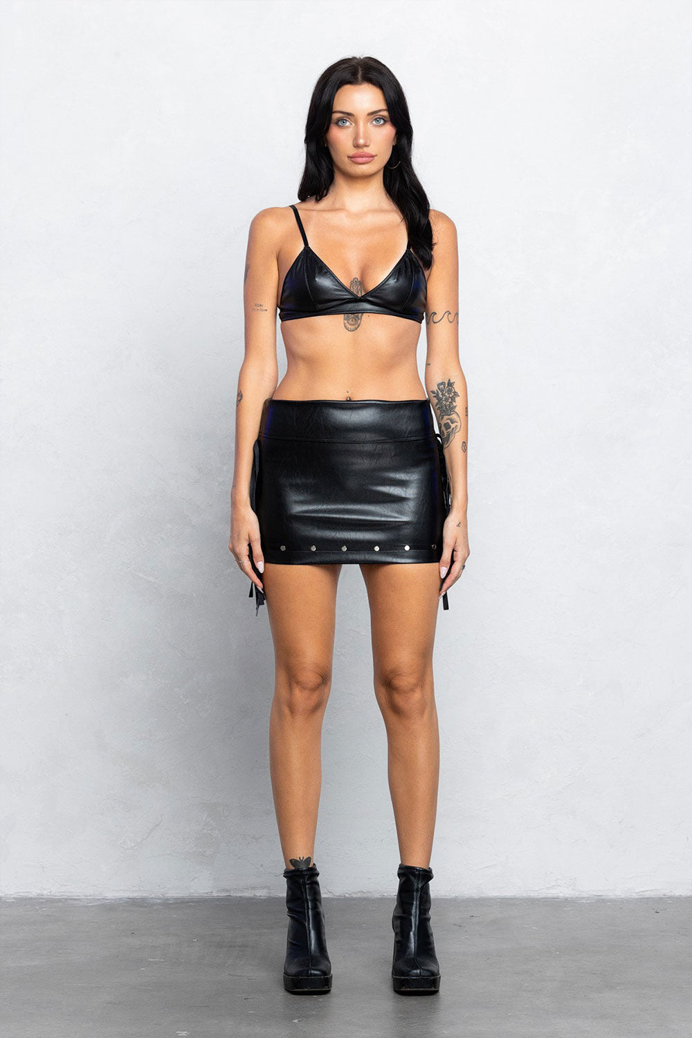 CHELSIE FRINGE LEATHER MINI SKIRT W/ STUDS