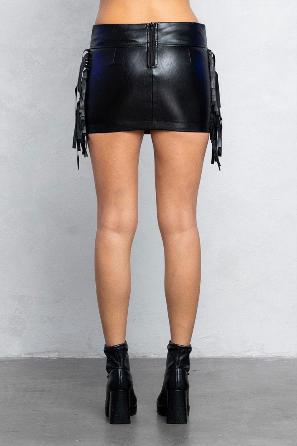 CHELSIE FRINGE LEATHER MINI SKIRT W/ STUDS