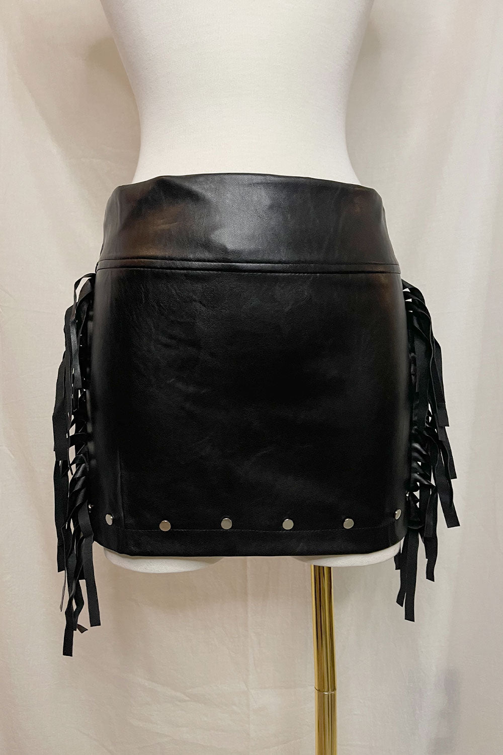 CHELSIE FRINGE LEATHER MINI SKIRT W/ STUDS