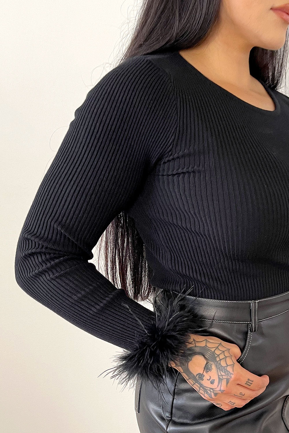 INES FEATHER TRIM SWEATER TOP