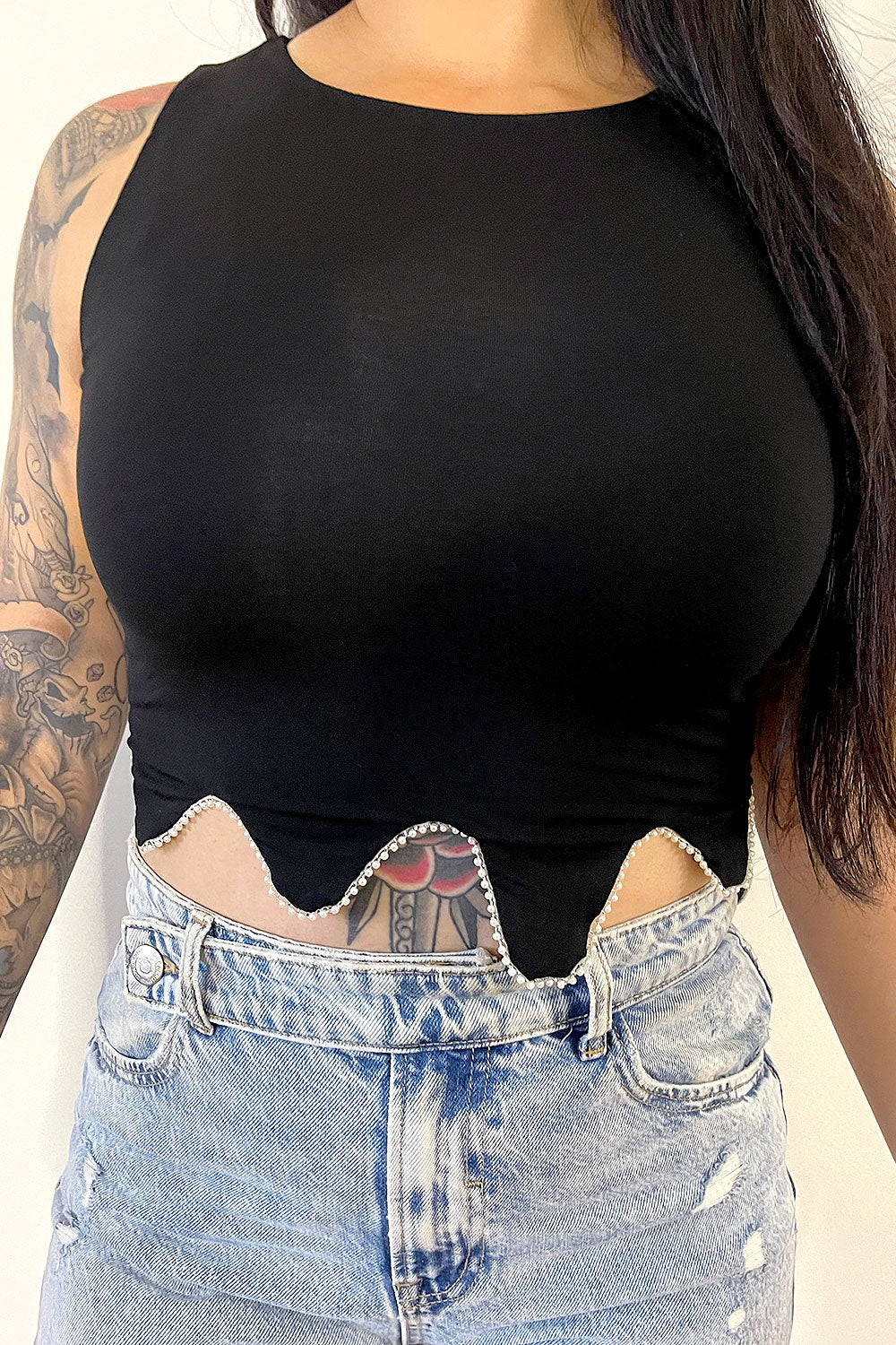 KAT SLEEVELESS RHINESTONE TRIM TOP