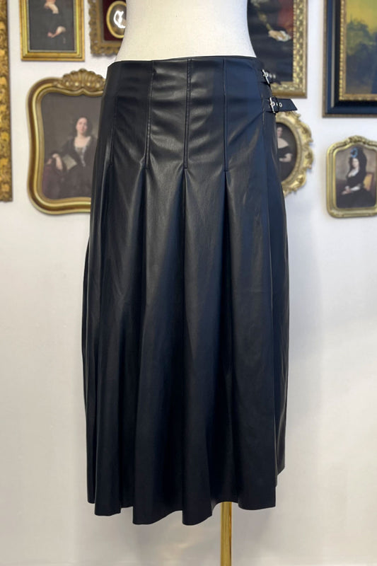 NATALIA MIDI PLEATED FAUX LEATHER SKIRT