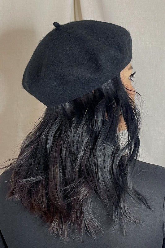 WOOL BLEND BASIC BERET - BLACK