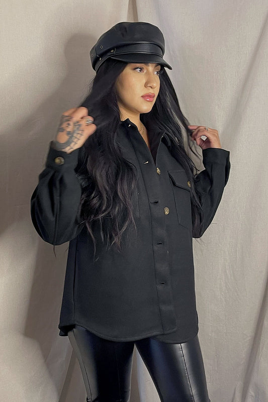 ELENA FLEECE OVERSIZED SHACKET- BLACK