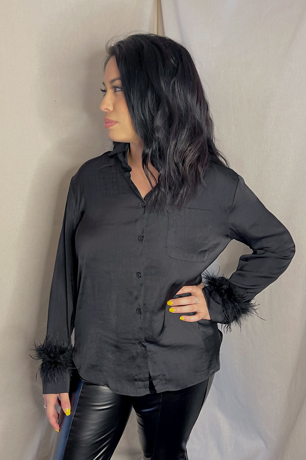 KIMBERLY FEATHER BUTTON DOWN SATIN SHIRT