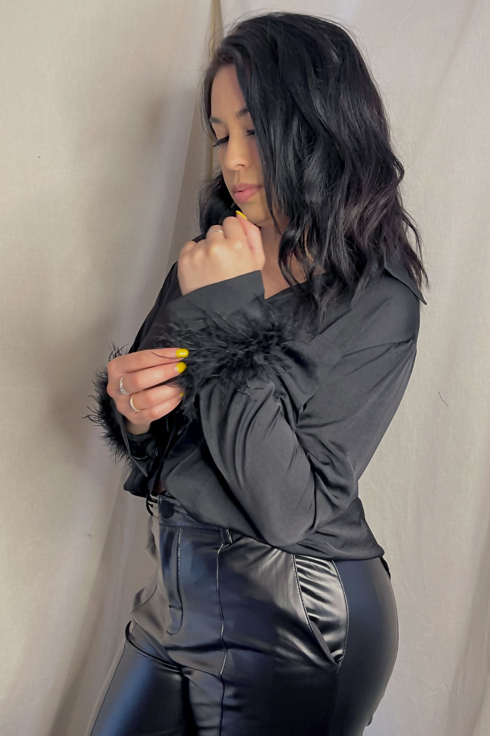 KIMBERLY FEATHER BUTTON DOWN SATIN SHIRT