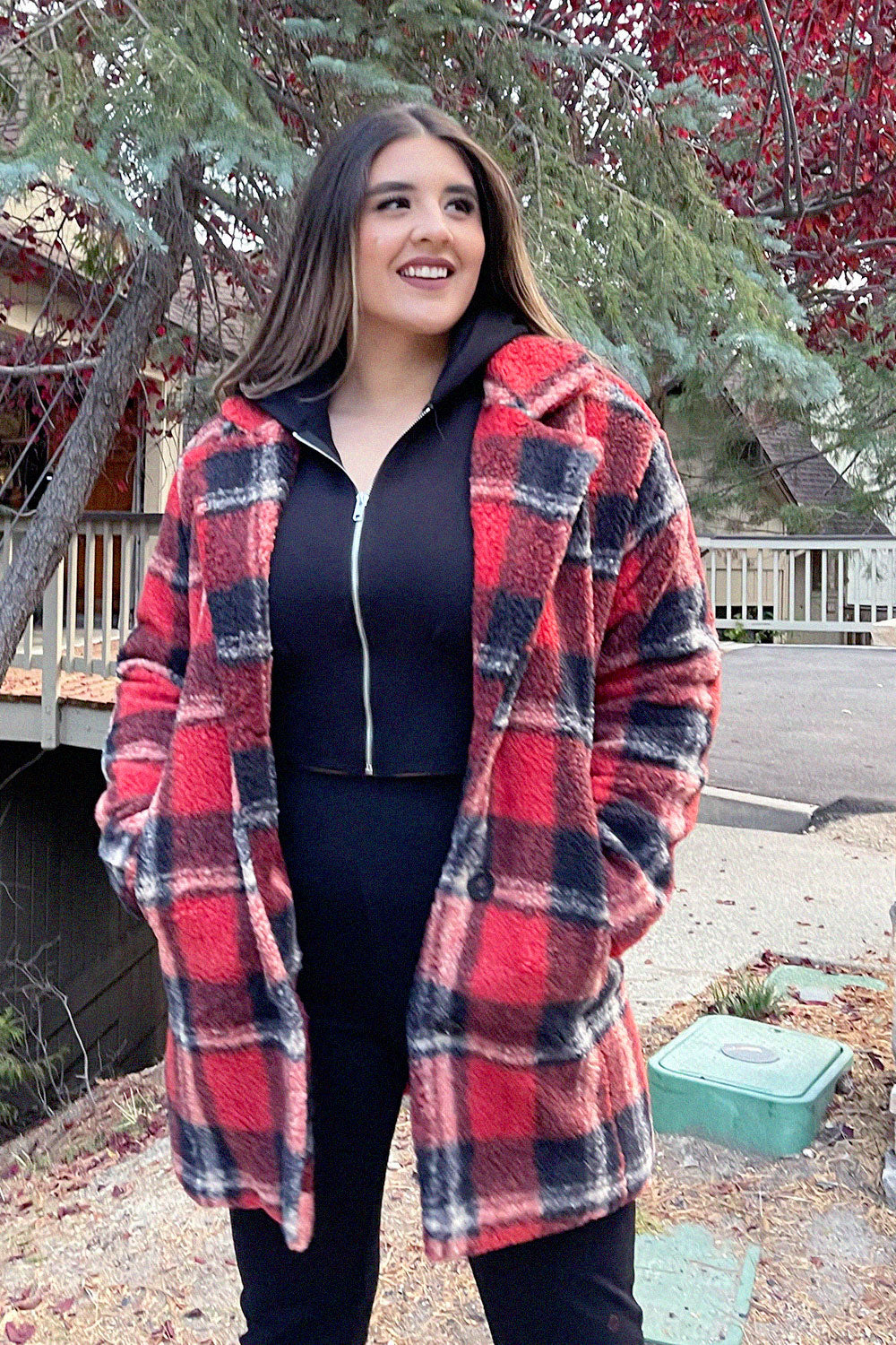 MONTSERRAT PLAID TEDDY COAT - RED