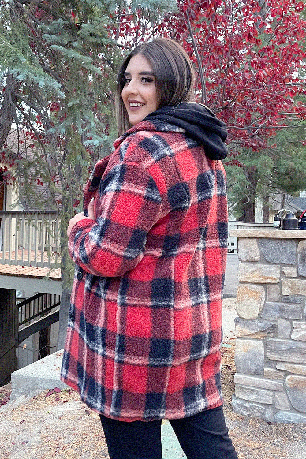 MONTSERRAT PLAID TEDDY COAT - RED