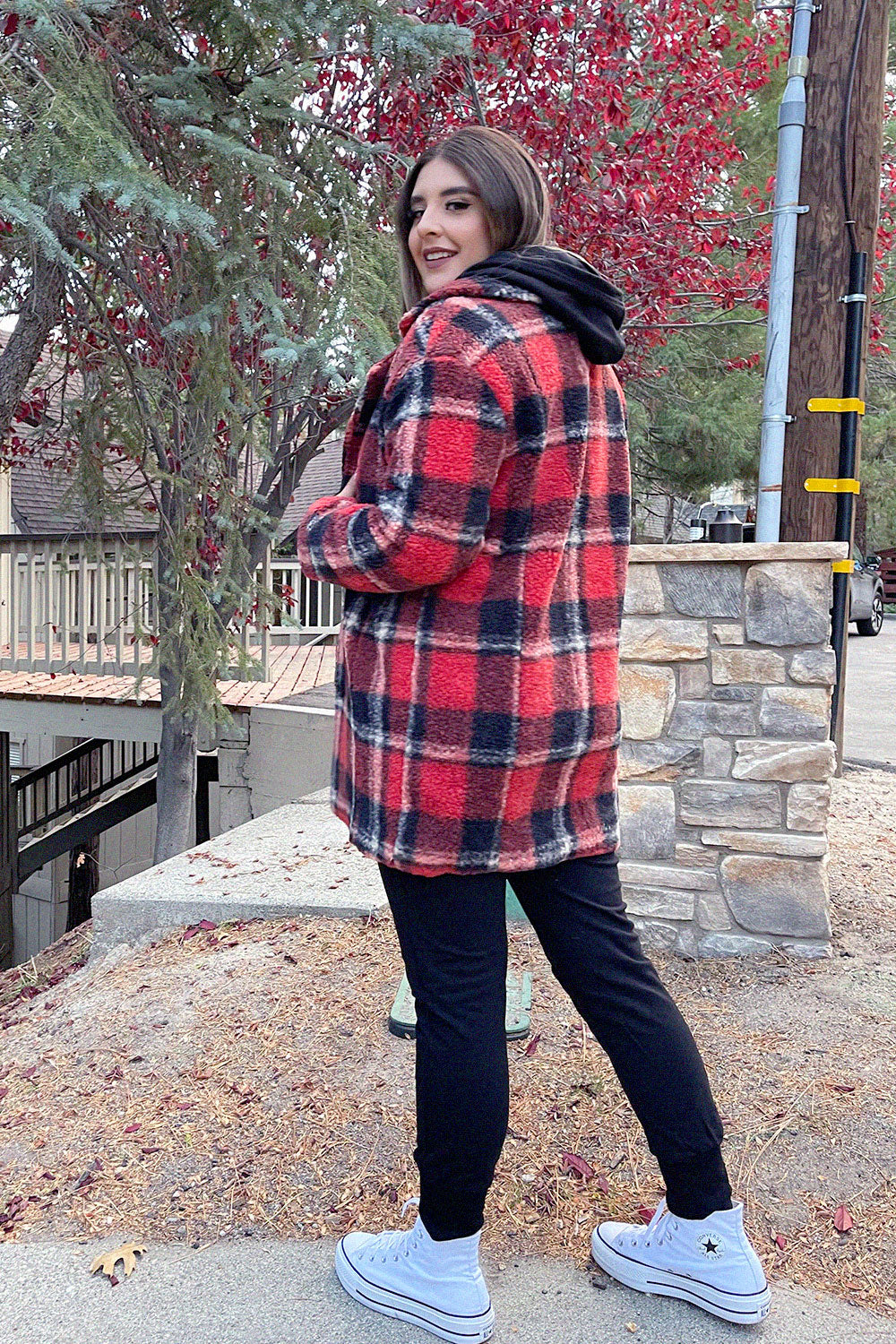 MONTSERRAT PLAID TEDDY COAT - RED