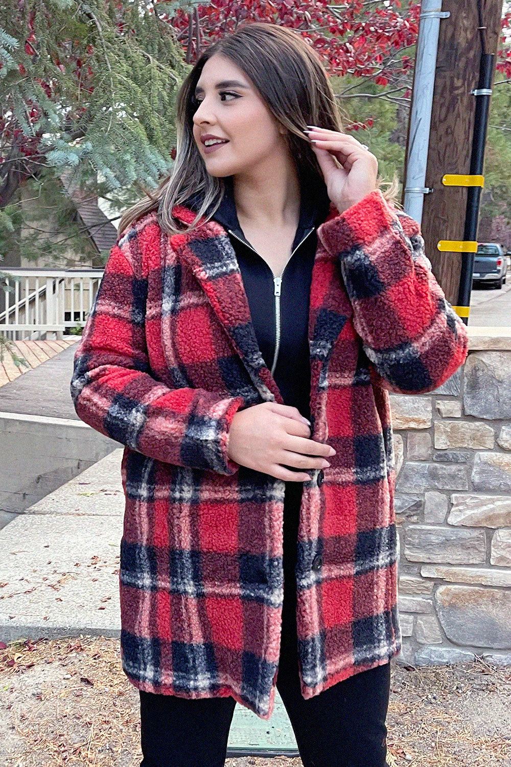 MONTSERRAT PLAID TEDDY COAT - RED