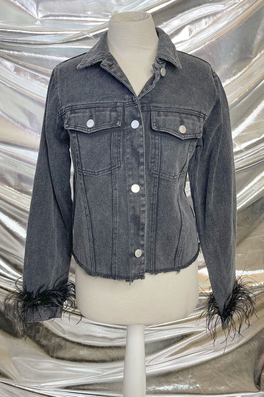 NATALY FEATHER TRIM DENIM JACKET